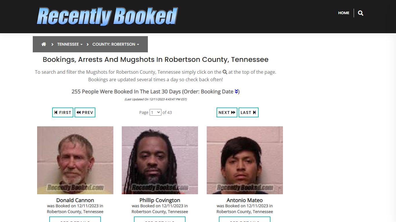 Bookings, Arrests and Mugshots in Robertson County, Tennessee