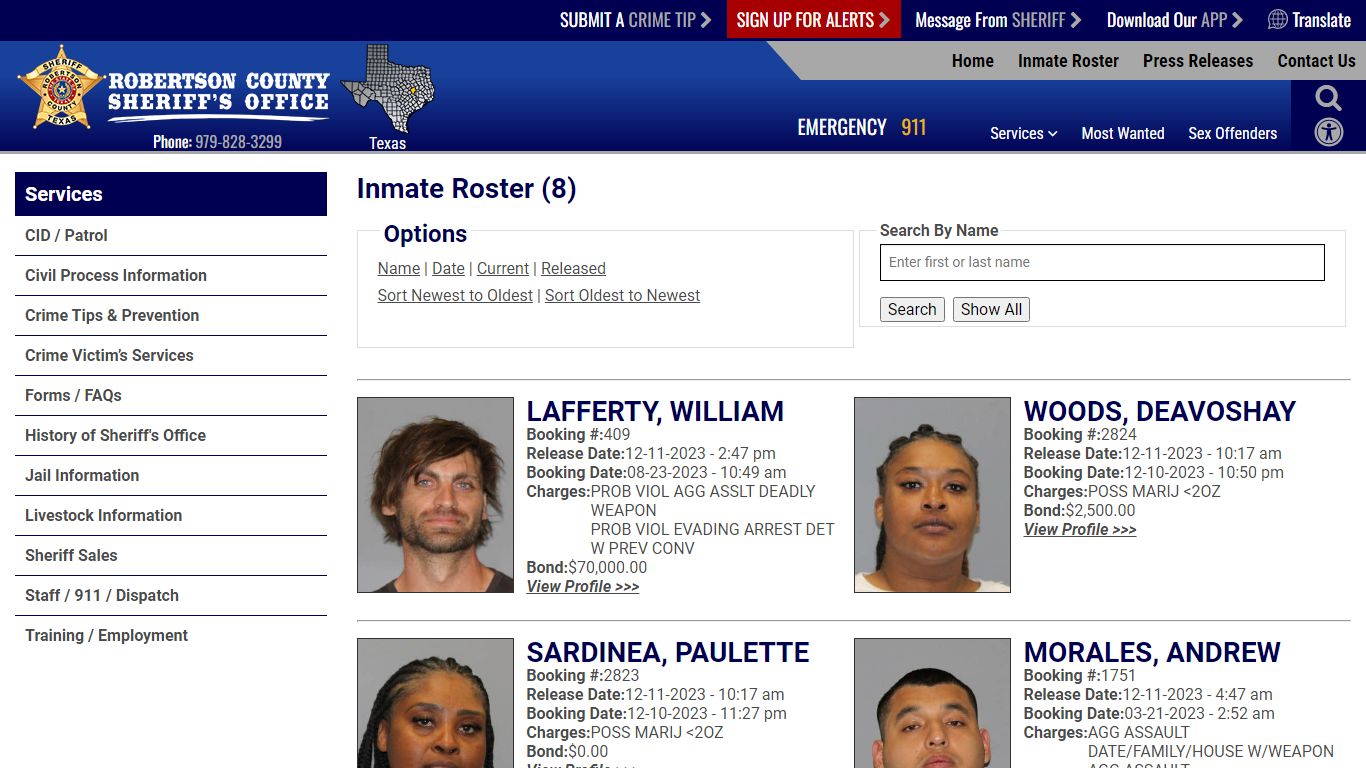 Released Inmates Booking Date Descending - Robertson County TX Sheriff